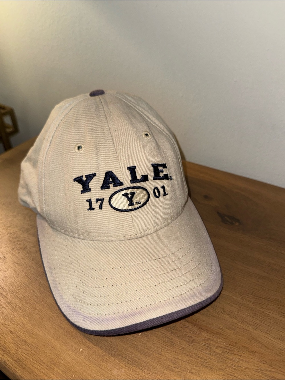 Vintage Yale Embroidered Baseball Cap in Beige with Navy Trim